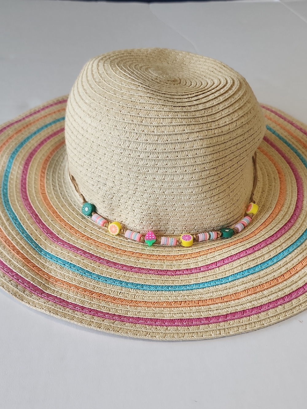Straw Sun Hat with Multicolor Stripes and Cute Bead Trim